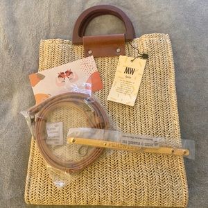 Leather Trim Wooden Top Satchel & Leather Bracelet